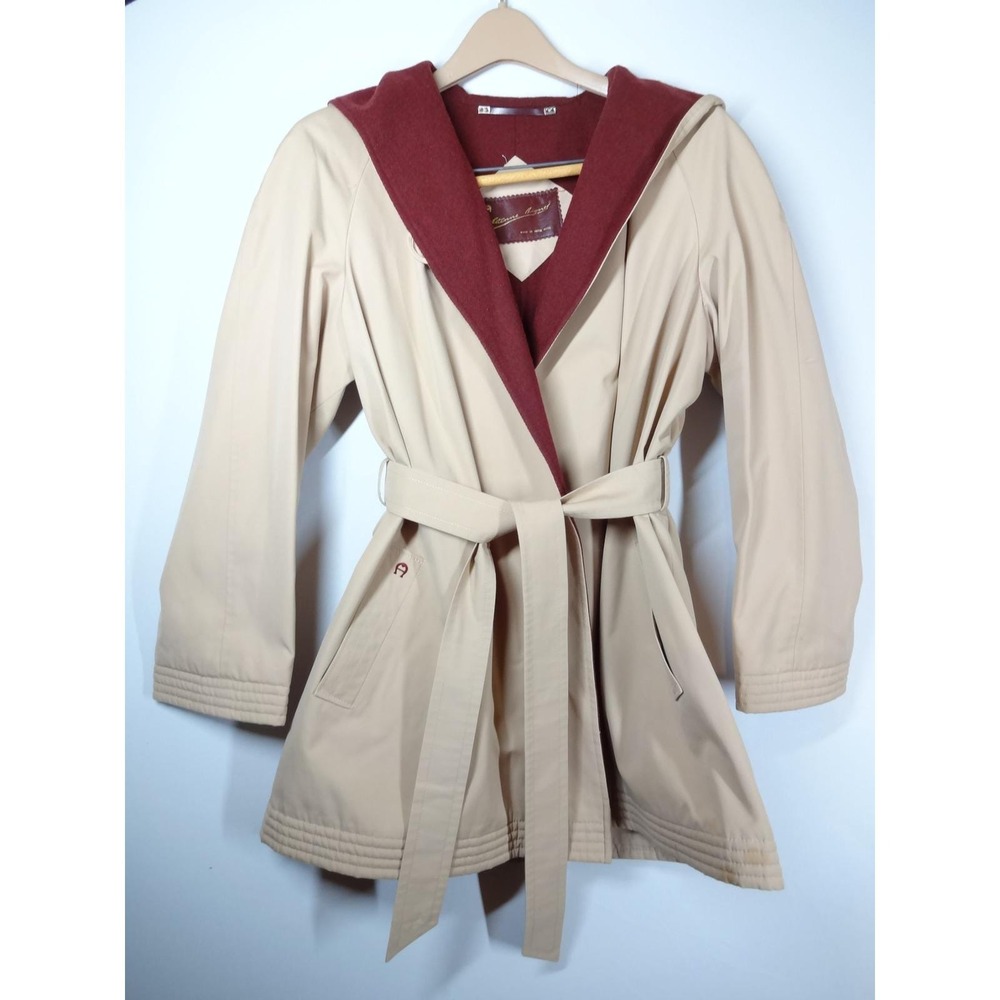 VTG Etienne Aigner Crop Trench Coat L Tan Burgundy Hood Belted Jacket and Gloves